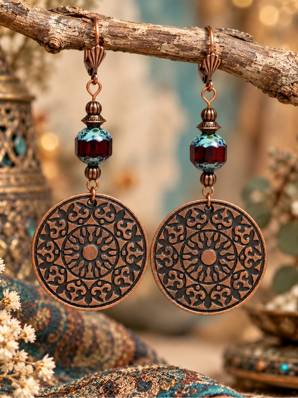 Handmade Czech Glass Dark Amber Turquoise Copper Medallion Earrings